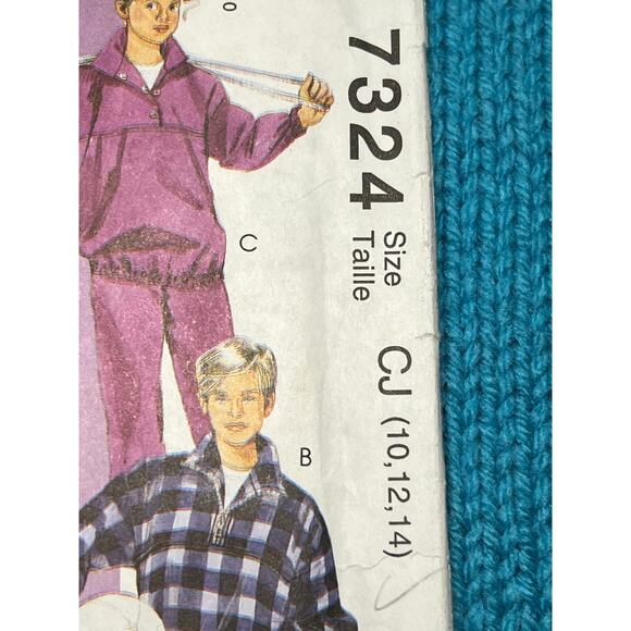 McCalls 7324 pattern Kids pullover quarter zip pants hoodie size 10 12 14 - Picture 2 of 5